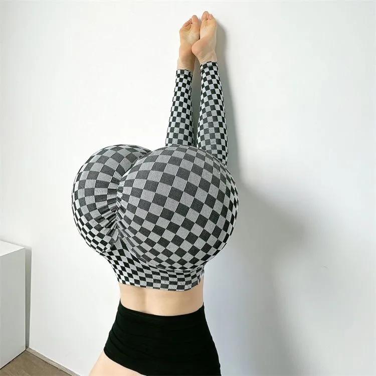Women's Peach Hip Checkerboard Plaid Fitness Pants Yoga Pants High Waist Hips Running Sports Pants Buttocks Bodybuilding Trousers Jogging Leggings