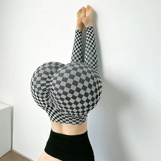 Women's Peach Hip Checkerboard Plaid Fitness Pants Yoga Pants High Waist Hips Running Sports Pants Buttocks Bodybuilding Trousers Jogging Leggings