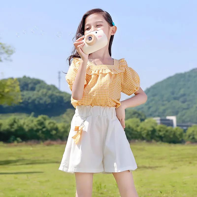 Girls Fashion Clothes Suit Short Sleeve Shirt Short Skirt 2-piece Suit Cartoon Girl Bowknot Cotton Children Clothes Suit