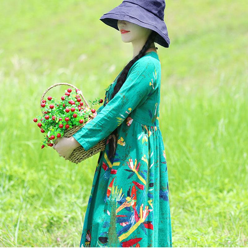 Ethnic Style V-neck Embroidery Long-sleeved Dress Bohemian Style Spring and Autumn Large Size Loose Middle Calf Length