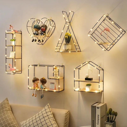 Double Layer Shape Storage Shelf Solid Wood Metal Display Stand Hole-free Storage Rack with Light Strip