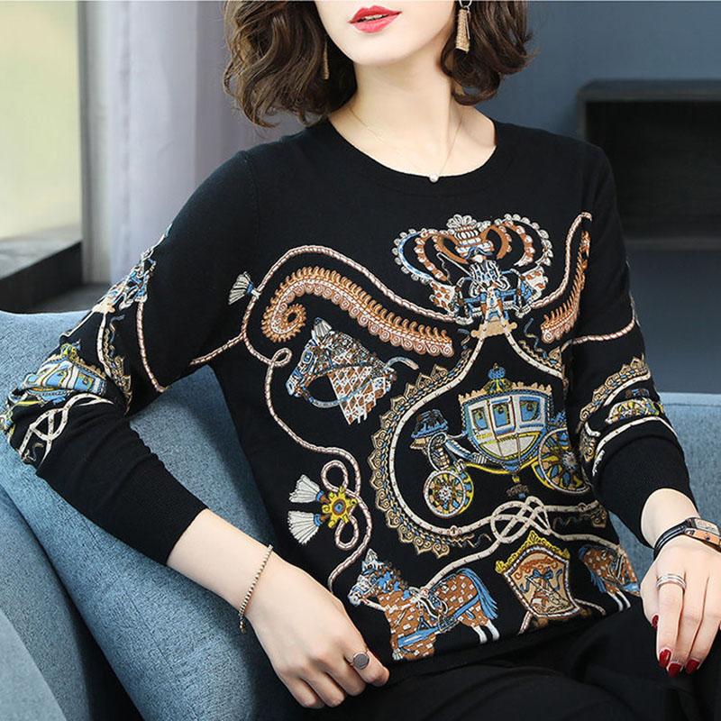 Women's Ethnic Style Printed Woolen Sweater Female High-end Cashmere Sweater O-Neck Outwear Pullover Sweater Plus Size Warm Jumper Top