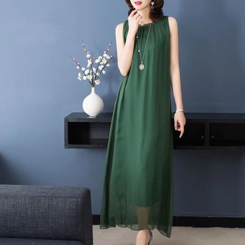 Summer Plus Size Real Quality Silky Dress Comfortable Loose Slim Sleeveless Vest Long Dress