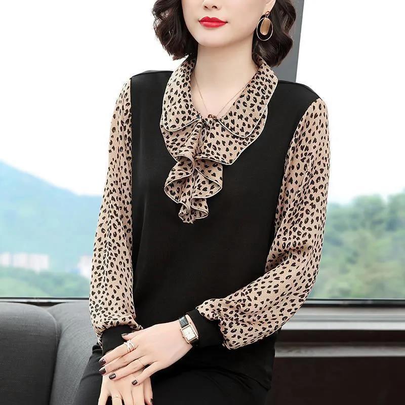 Shirt Women's Plus Size Spring and Autumn Lapel Loose Small Shirt Casual Fashion Mother Long-sleeved Slimming Top