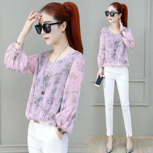 Women's Spring and Autumn Long-sleeved Chiffon Shirt Large Size Loose Floral Round Neck Top