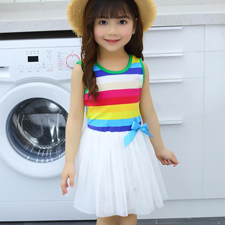 Girls Kids Rainbow Striped Tutu Dress Princess Sleeveless Mesh Dresses Summer Casual