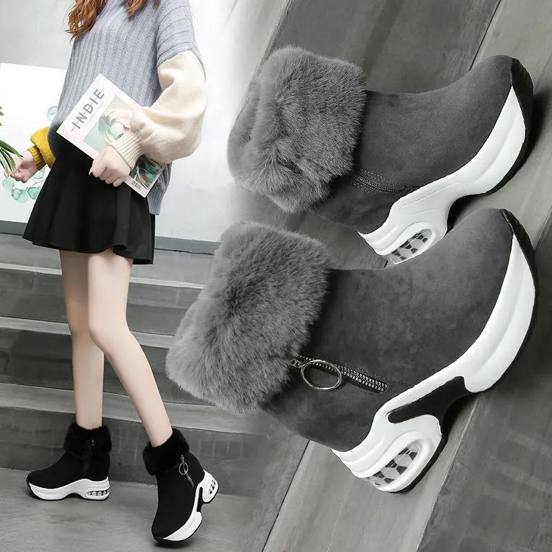 Winter Thick-soled Inner Heightening Plus Fleece Snow Boots High-top Side Zipper Canvas Women's Short Boots