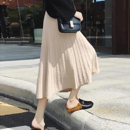 Knitted Skirt Female Student Korean Version of The Autumn and Winter Thickened High Waist Mid-length A-line Pleated Skirt Chic Large Swing Skirt