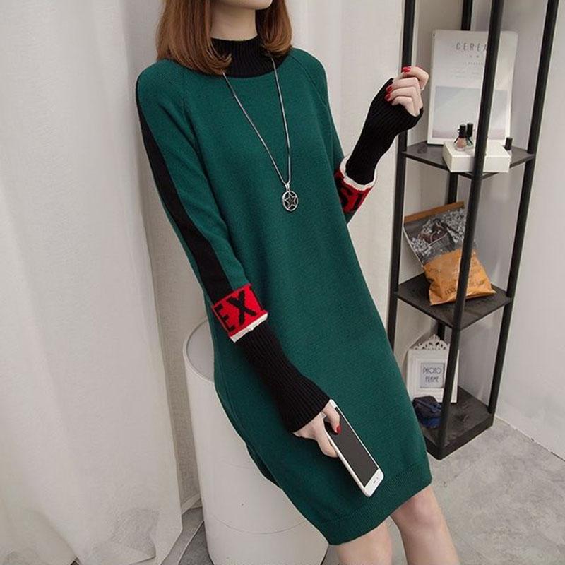 Autumn and Winter Color Matching Plus Size Dress Mid-length Loose Knit Bottoming Shirt Thick Half High Neck Women's Sweater Dress
