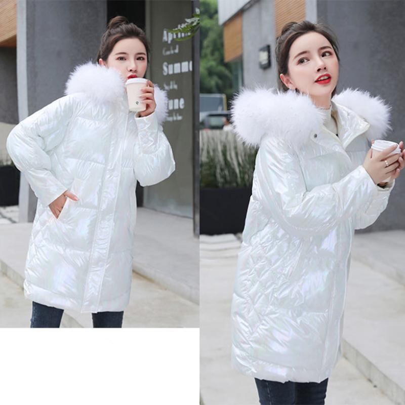 Women's Bright Face Hooded Down Jacket Mid-length Korean Loose Thick Coat Warm Cotton Coat Large Wool Collar Winter Quilted Coat