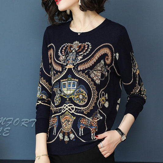 Vintage Print Short Woolen Sweater Women Fashion Pullover Sweater Female Woolen Jumper Outwear or Bottoming
