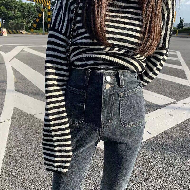 WTEMPO High-waisted Jeans Female Students Korean Tight Feet Cropped Pants Black Was Thin and Versatile