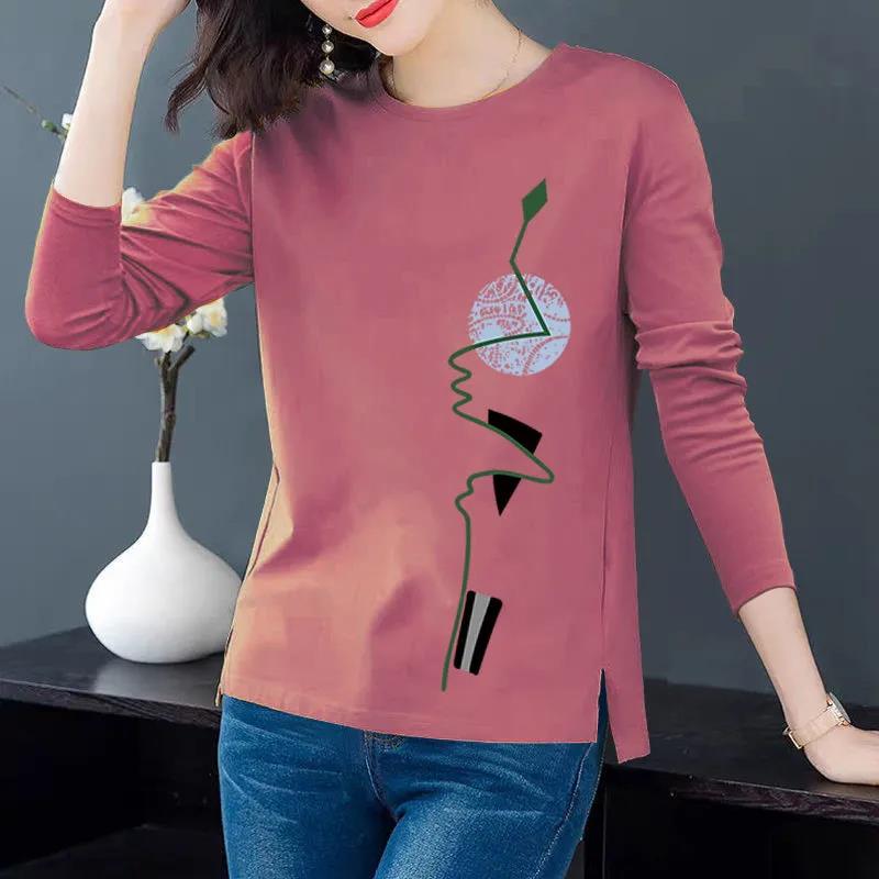 Spring Women T-shirts Simple Face Print Pullovers Long Sleeves Bottoming Shirts Casual Slit Top