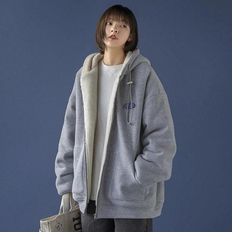 Retro Plus Size Lamb Wool Coat Plus Velvet Winter Oversize All-match Coat Ladies Zipper Cardigan Loose Hooded Sweater