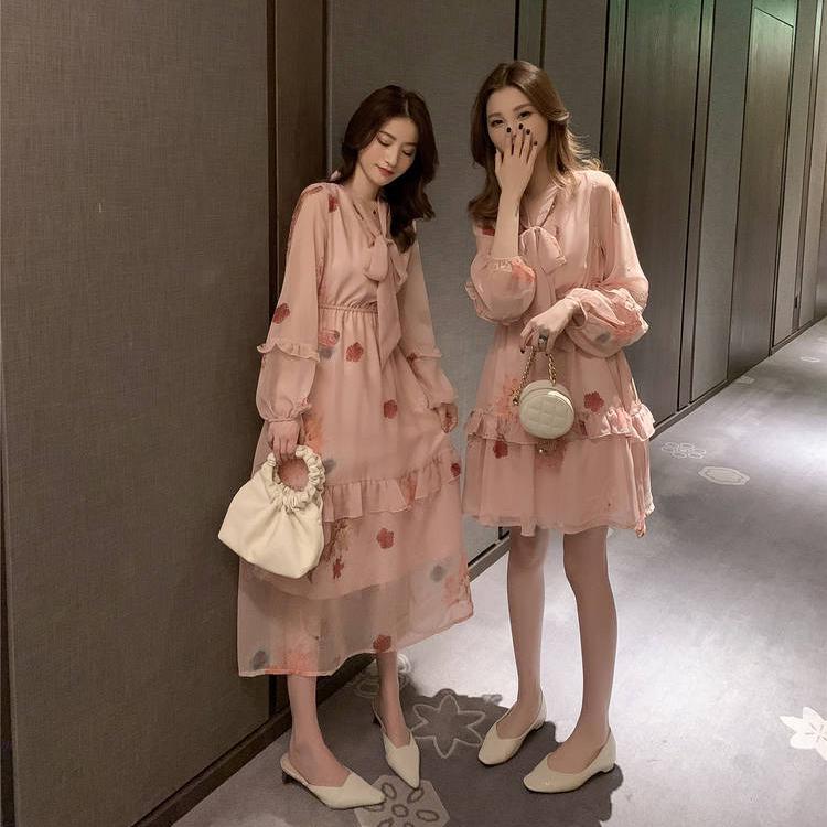 Floral Print V-Neck Casual Dress Women 2020 Summer Long Sleeve A Line High Waist Trapeze  Dresses