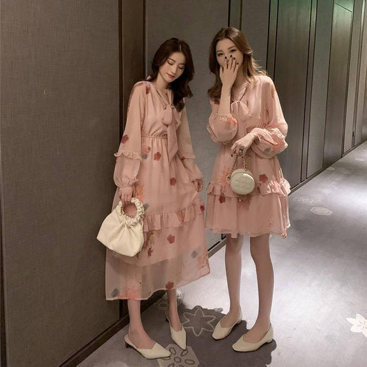 Floral Print V-Neck Casual Dress Women 2020 Summer Long Sleeve A Line High Waist Trapeze  Dresses