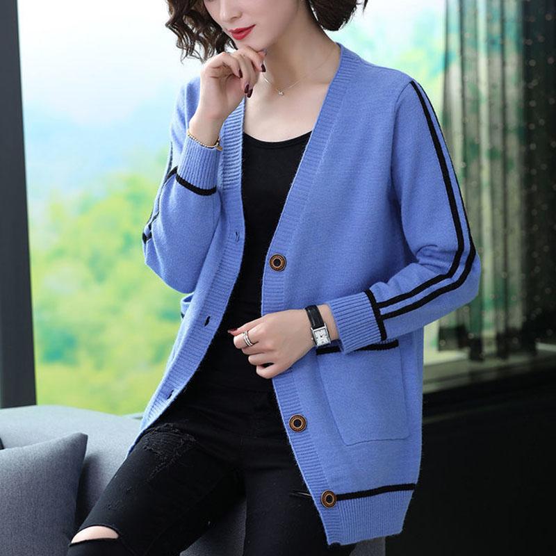 Spring and Autumn All-match Jacket Striped Pattern Mid-length Sweater Fashion Simple Style Female Top