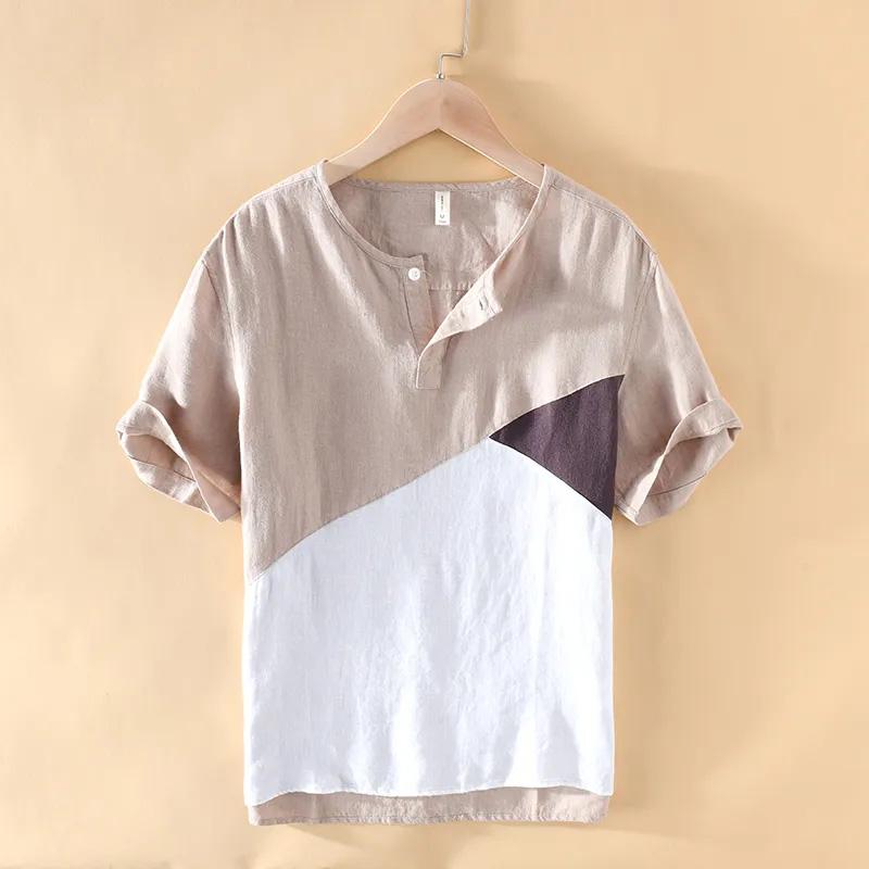Fresh Round Neck Stitching Color Hit Short-sleeved Linen T-shirt Men's Summer Casual Large Size Loose Cotton and Linen Sweater