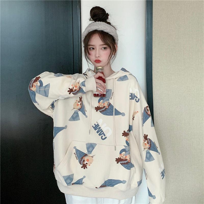 Cartoon Print Hoodie Women's Hooded Oversized Pullover Harajuku Warm Kawaii Women's Loose Street Sweatshirt