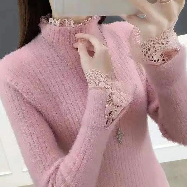Imitation Mink Sweater Women Fall/winter Half High Neck Lace Stitching Lined Tight-fitting Knitted Bottoming Shirt