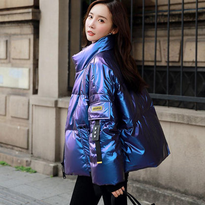 Popular Fashion Brand Blue Ladies Down Jacket Shiny Short Parker Clothing Female Student Loose Winter Jacket