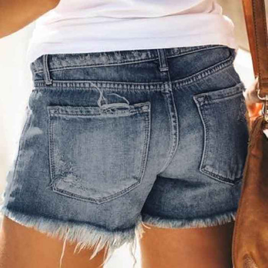 European and American Women's High Waist Fringed Ripped Denim Shorts