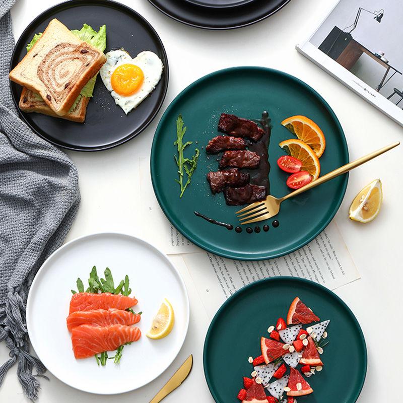 Nordic Ins Wind Color Glaze Tableware Household Steak Plate Dish Net Red Ceramic Simple Creative Western Food Disc Knife and Fork