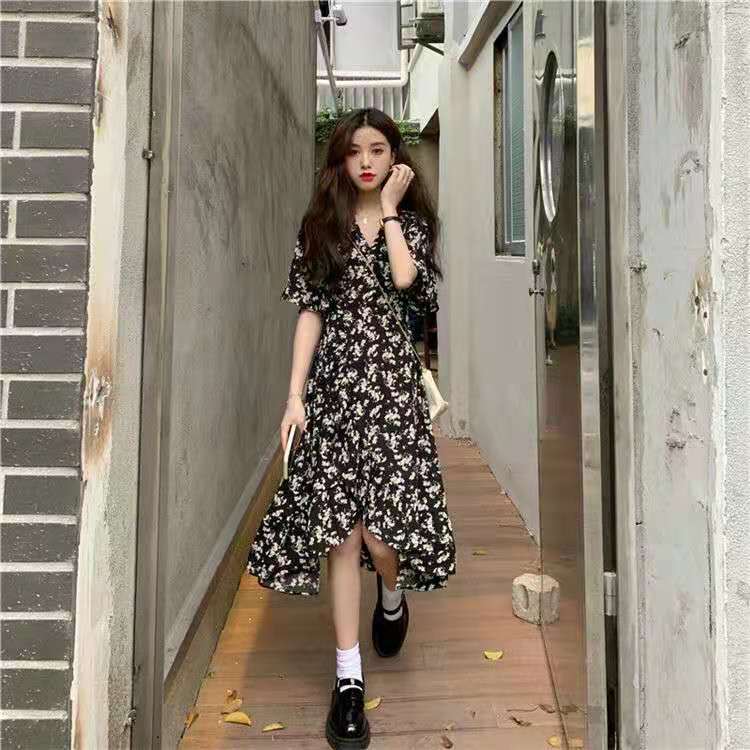 French Retro Floral Skirt Summer Mid-length Skirt Temperament High-level Sense of Short-sleeved Dress Women