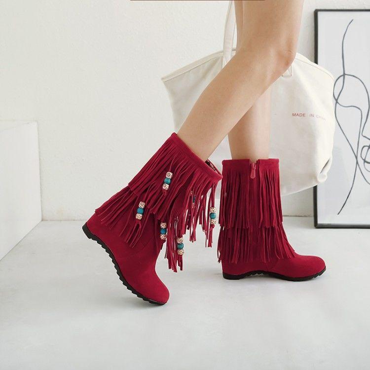 Fall/Winter Suede Boots Mihemia Beaded Inner Heightened Round Head Wedges Boots Tassel Ankle Boots Plus Size  34-43