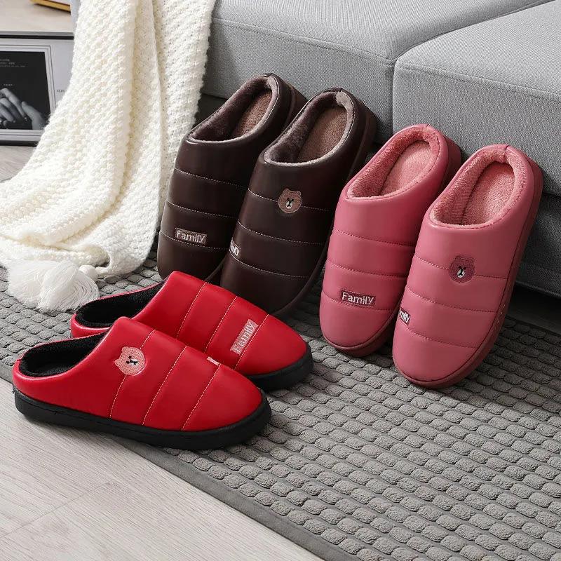 Cotton Slippers Women Winter Indoor Thick-soled Anti-skid Home Couple Models PU Surface Waterproof Warm and Velvet Slippers Men's Slippers