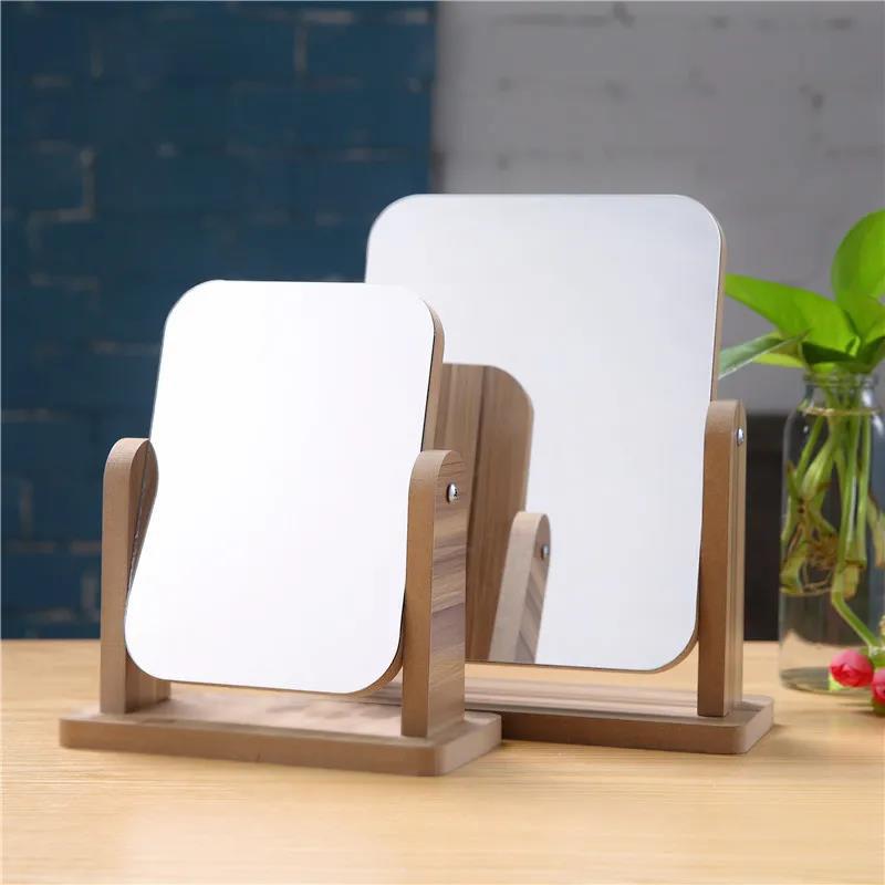 Ladies Rotatable Wooden Mirror Desktop Creative Portable Makeup Mirror HD Thin and Light Travel Out Household Essentials