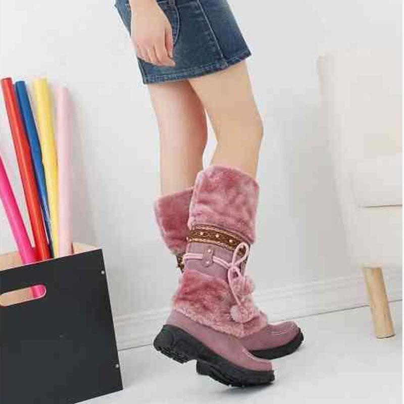 Bohemian Women's Snow Boots Beaded Fur Ball Thick Bottom High Boots Plus Velvet Calf-high Boots Plus Size 35-43