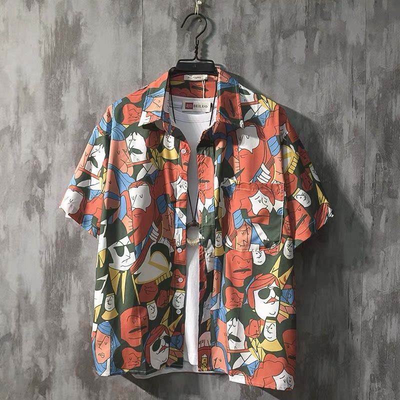Men's Hawaiian Print 2021 Summer Short Sleeve Button Shirt Beach Casual Men's Top