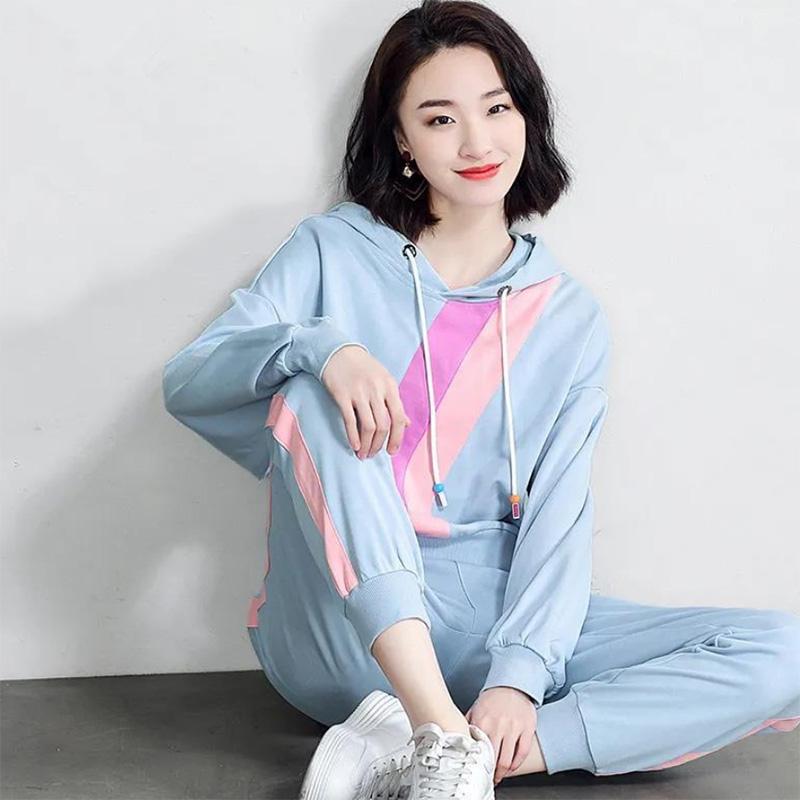Spring and Autumn Sports Suit Women's Cotton Fashion Sportswear Two-piece Korean Version Loose Large Size Hooded Sweater Casual Pants