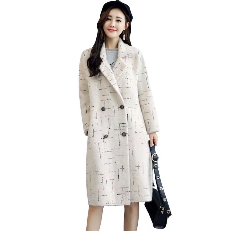 Women's Elegant Mink Fleece Loose Tweed Medium Long Slim Large Striped Tweed Coat