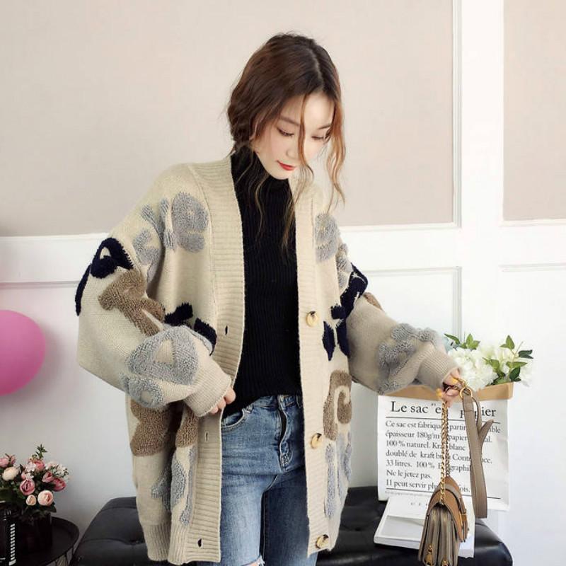 Autumn and Winter Women's Letters Loose Knitted Jacket Long-sleeved Sweater Cardigan Women