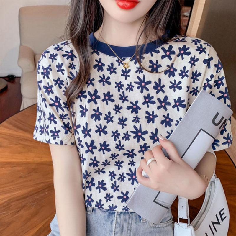 Pure Cotton Summer Floral Short-sleeved T-shirt Ladies Fashion Round Neck All-match Small Shirt Korean Version Trend Half-sleeved Thin Top