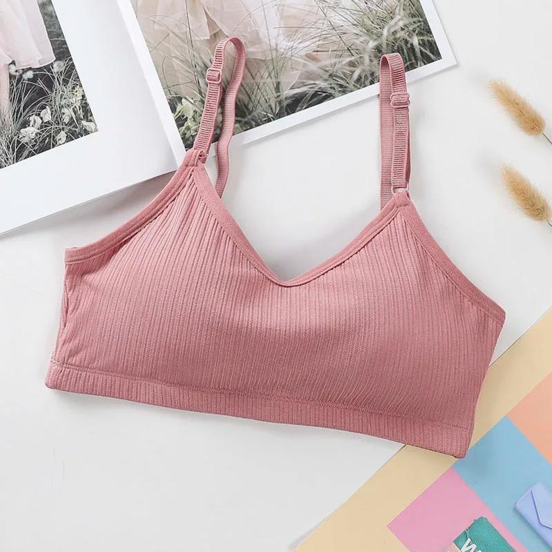 Women's Bra Gathered Underwear Thin Section Female Students Korean Version Camisole Tube Top Without Steel Ring Solid Stripes Briefs Breathable Bra
