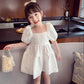 Girls White Dress Summer Dress Children Sweet Princess Dress Net Red Puff Sleeve Little Girl Skirt Square Neck Short Sleeves
