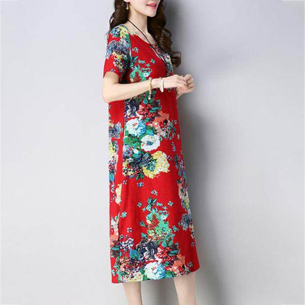 XL-XXXXXL Plus Size Women Summerfolk Style RetroMid-length Printed Over-the-knee Dress Short Sleeve Mom A-line Skirt