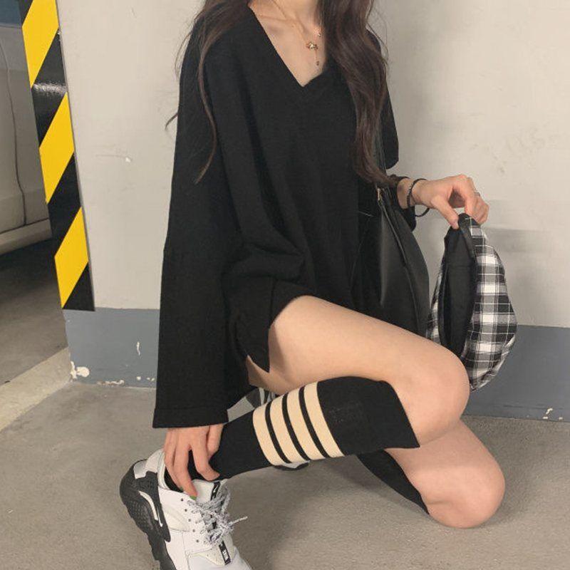 Women  Basic Tee Casual Long Sleeve V-neck Solid Color Soft TShirt Ladies Lady Loose Pullover