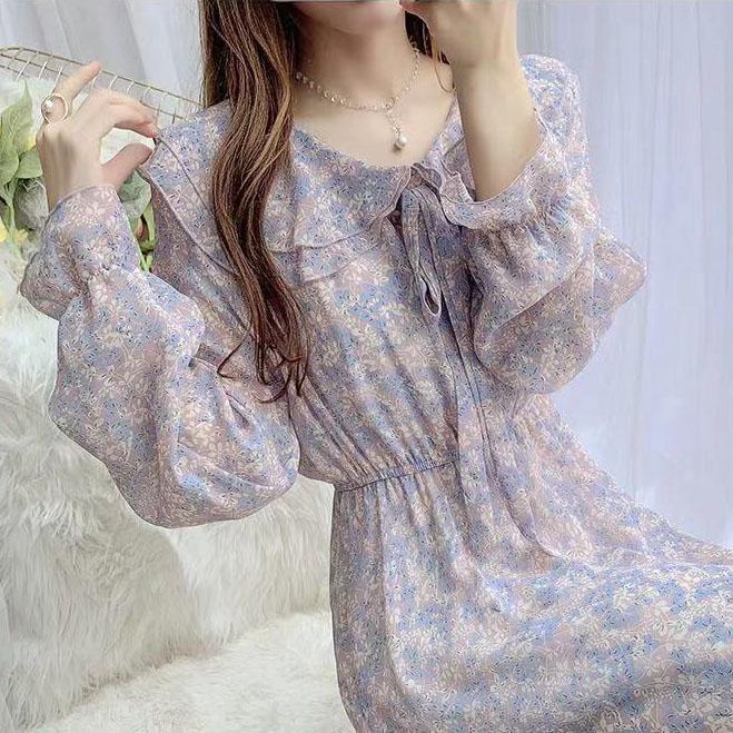 Female Elegant Purple Floral Print Chiffon Holiday Dress Vintage Slim High Waist Super Fairy Dress