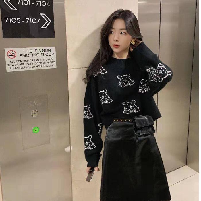 Pofulove Girl Loose Winnie the Pooh Collection Net Red Knit Bottoming Shirt Women's Sweater Short