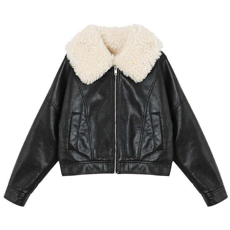 Women Winter Warm Faux Leather Jackets With Fur Collar Lady Black Motorcycle Biker Short Outerwear Coats Leather Jacket