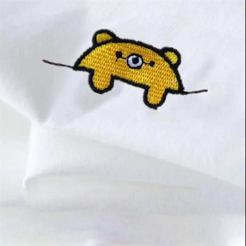 Little bear embroidery Cotton T-Shirt Women Tops Round Neck Summer Funny Casual Tops Tee