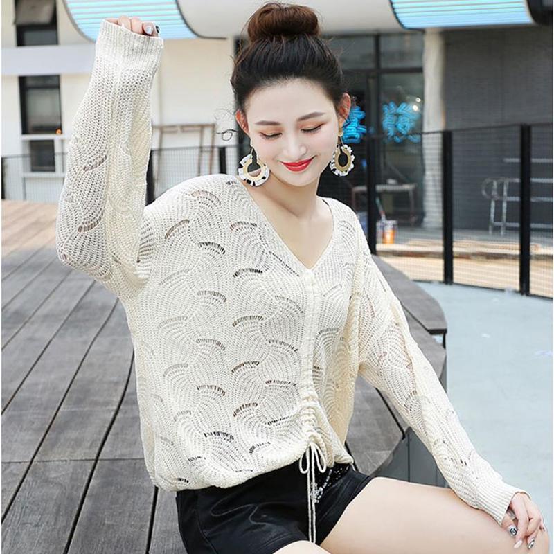 Spring and Autumn Style Hollow Loose Knit Sweater Women V-neck Slim-fit Warm Sweater Long-sleeved Pullover Casual Top
