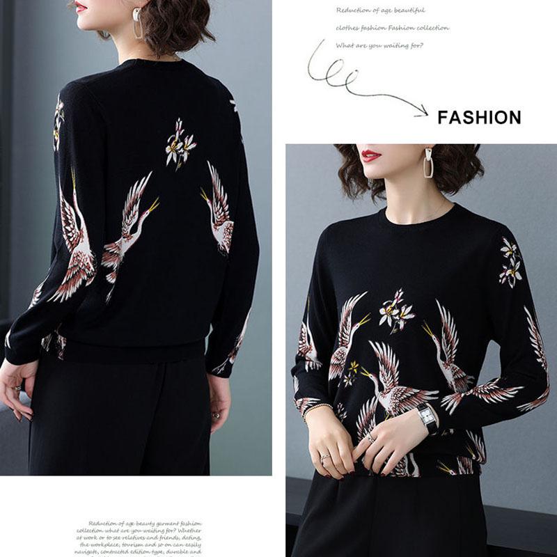 Autumn and Winter Plus Size Retro Printed Cardigan Women Middle-aged Cashmere Knitted bottoming Sweater