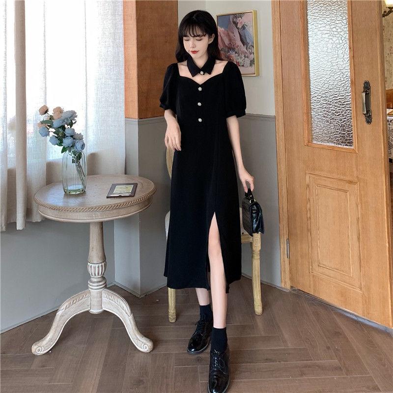 Summer Hepburn Style Design Niche Mid-length Split Dress Female A-line Dress Waist Thin Black Dress Sexy Cute Cool Girl