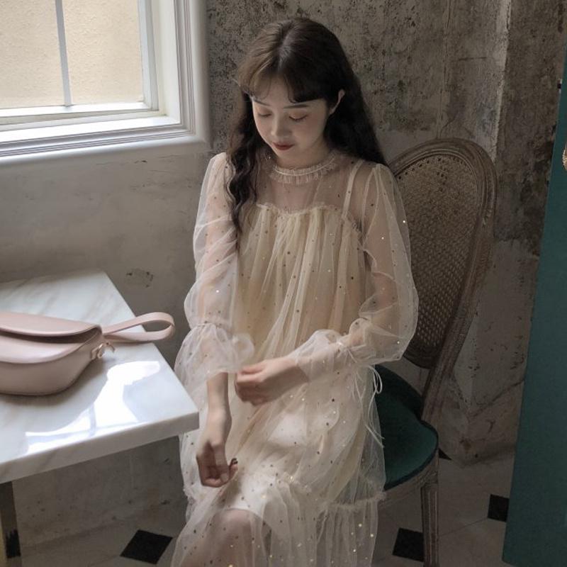 Spring and Summer Sweet Mesh Dress Female Student Sequined Tie Bow Long Skirt