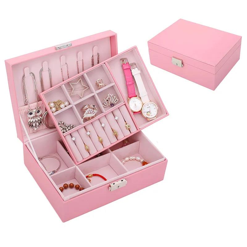 Jewelry Box Leather with Lock European Double Wood Jewelry Storage Box Earrings Ring Necklace Jewelry Storage Box